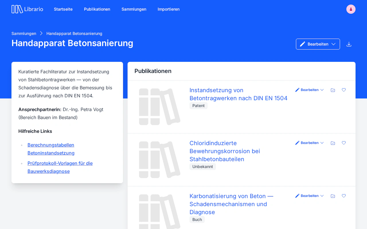 Eine Themen-Sammlung „Handapparat Betonsanierung" in Librario mit den enthaltenen Publikationen.