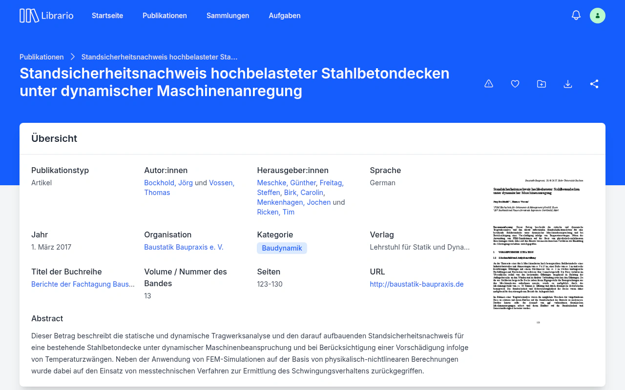 Detailansicht einer Publikation in Librario mit Metadaten und angehängter PDF-Datei.