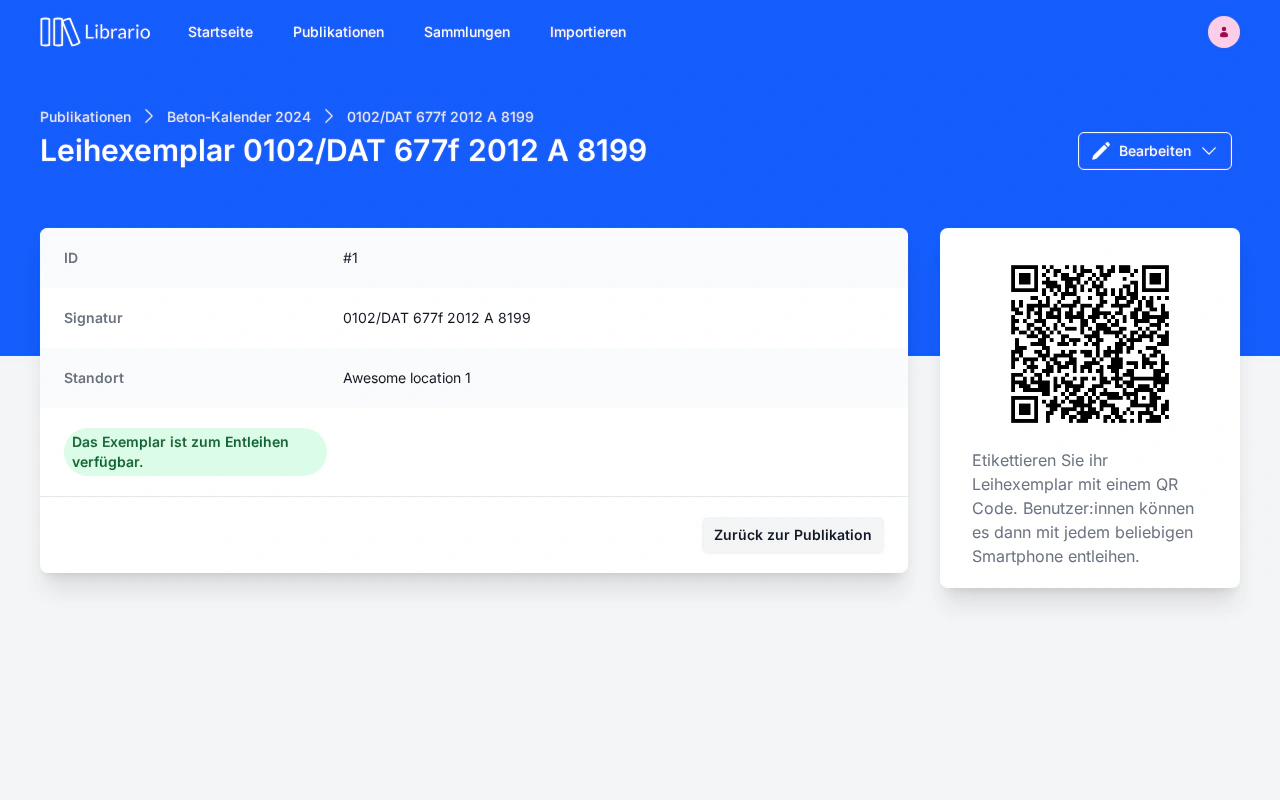 Detailansicht eines Leihexemplars in Librario mit dem zugehörigen QR-Code.