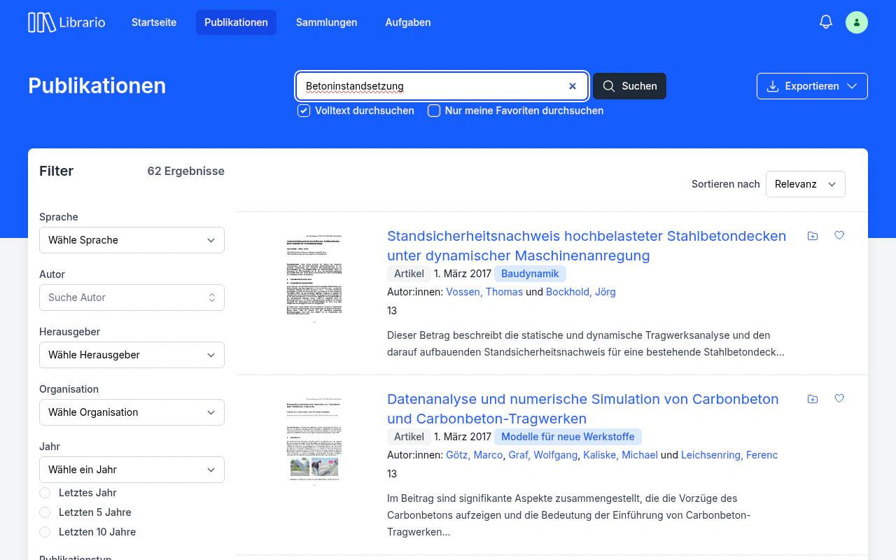 Suchergebnisse in Librario für die Anfrage „Betoninstandsetzung" mit Volltext-Treffern.