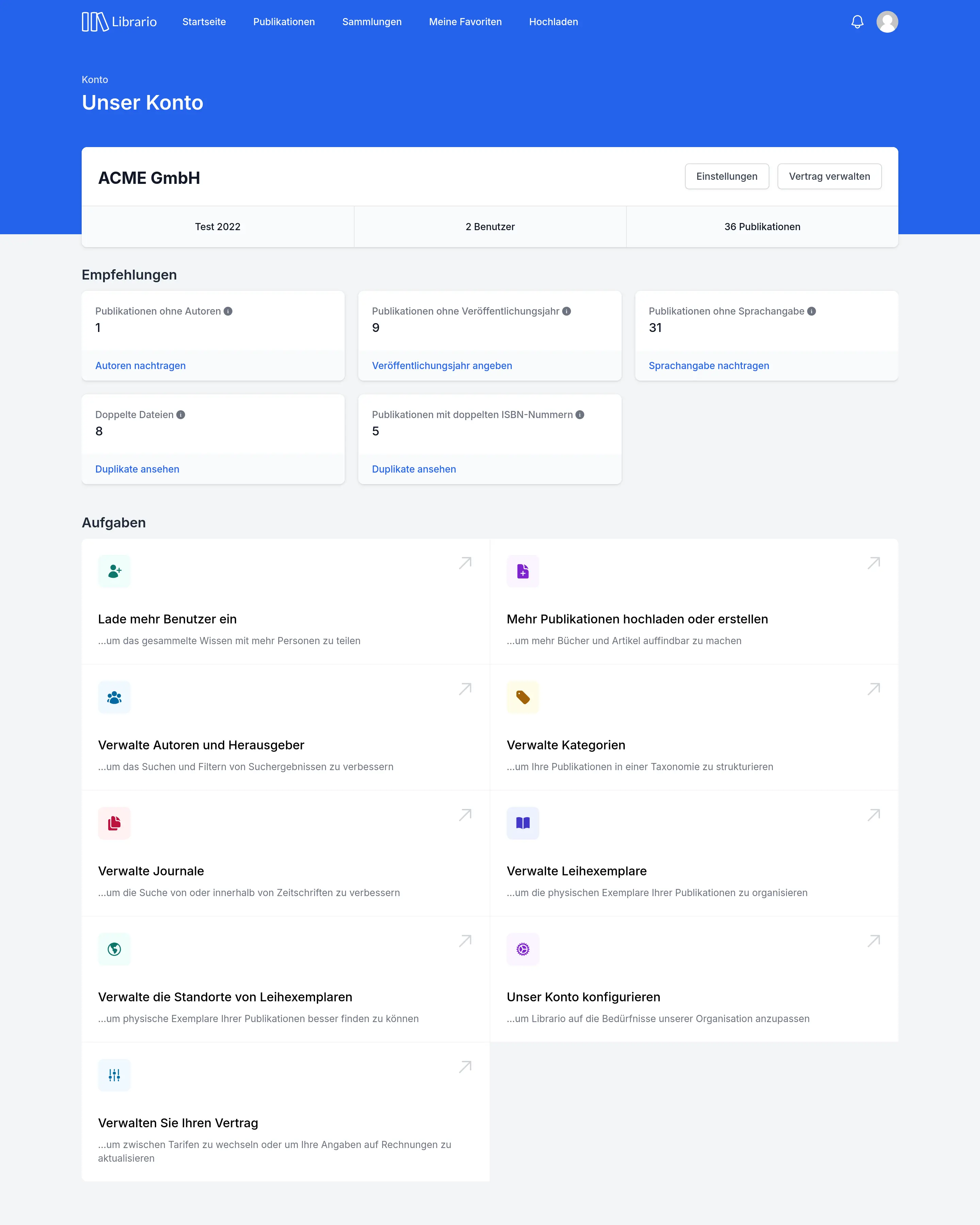 Screenshot des Administrationsbereichs in Librario. Oben werden Empfehlungen zu Qualitätsproblemen angezeigt, darunter folgen Verwaltungsaufgaben wie die Autor:innen- und Kategorieverwaltung.