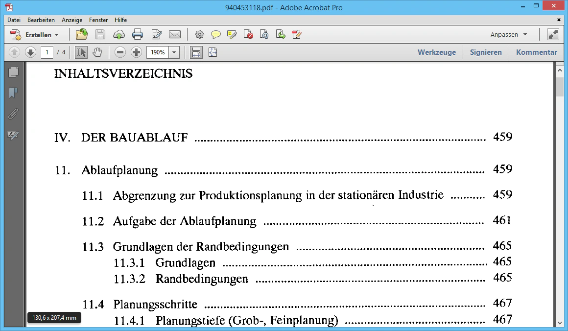 Gescanntes Inhaltsverzeichnis in Adobe Acrobat, der Text ist noch nicht durchsuchbar.