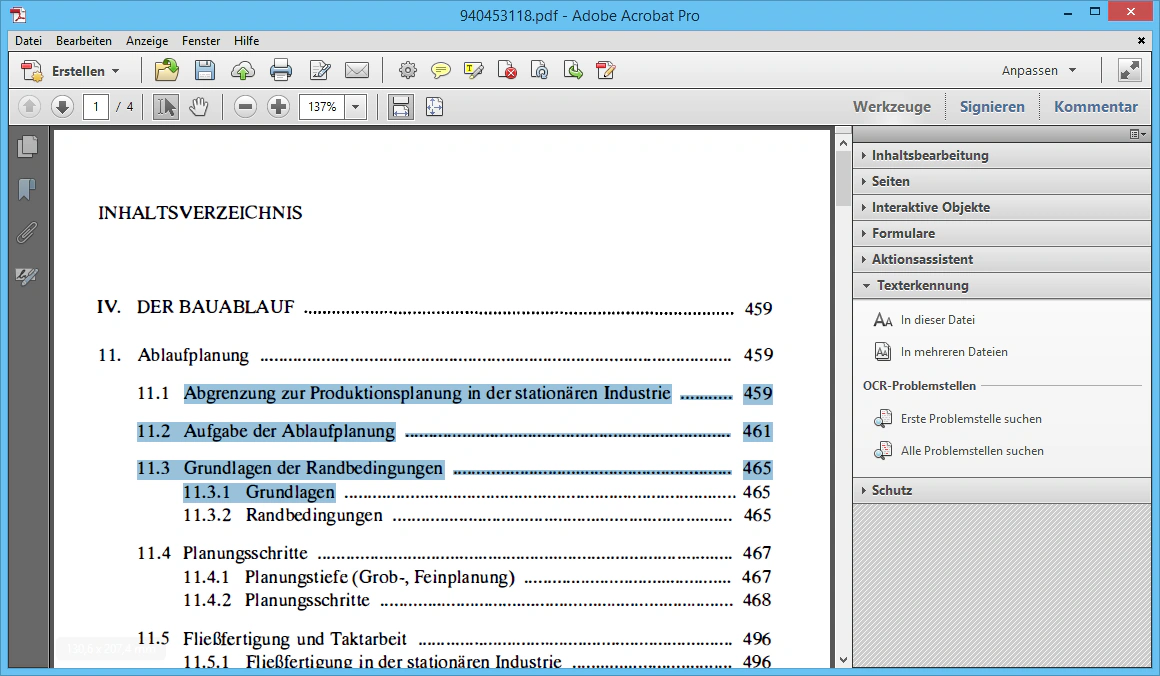 PDF-Datei nach der Texterkennung: eine Textzeile ist markiert und damit durchsuchbar.