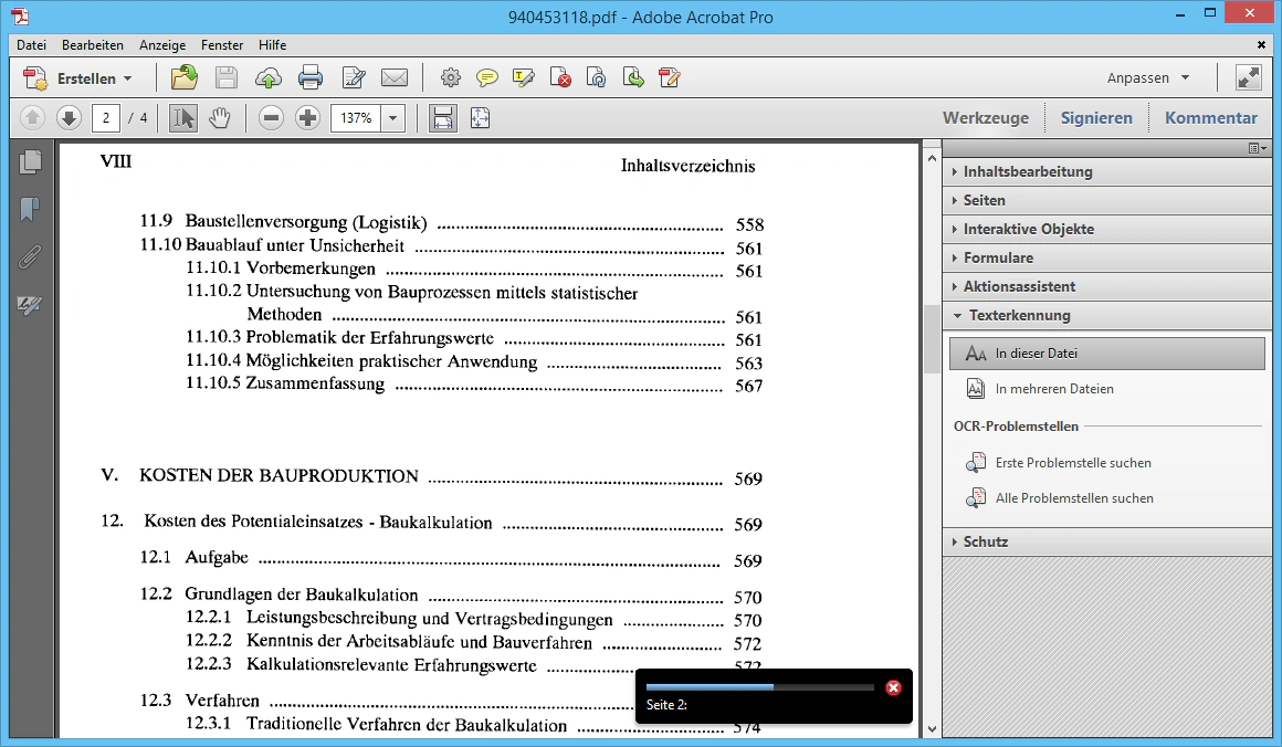 Fortschrittsanzeige der laufenden Texterkennung in Adobe Acrobat.