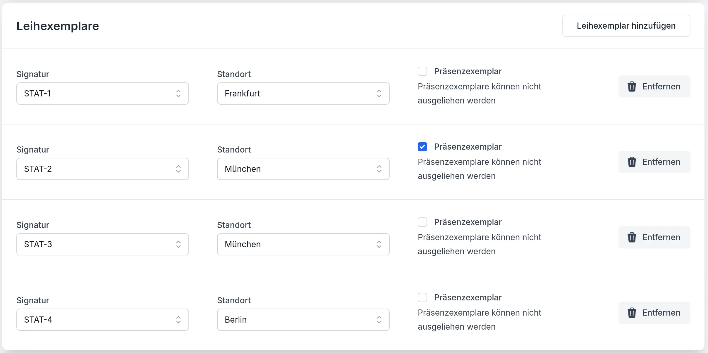 Dialog zum Hinzufügen eines Leihexemplars. Eingabefelder für Signatur und Standort, sowie eine Checkbox für Präsenzexemplare.