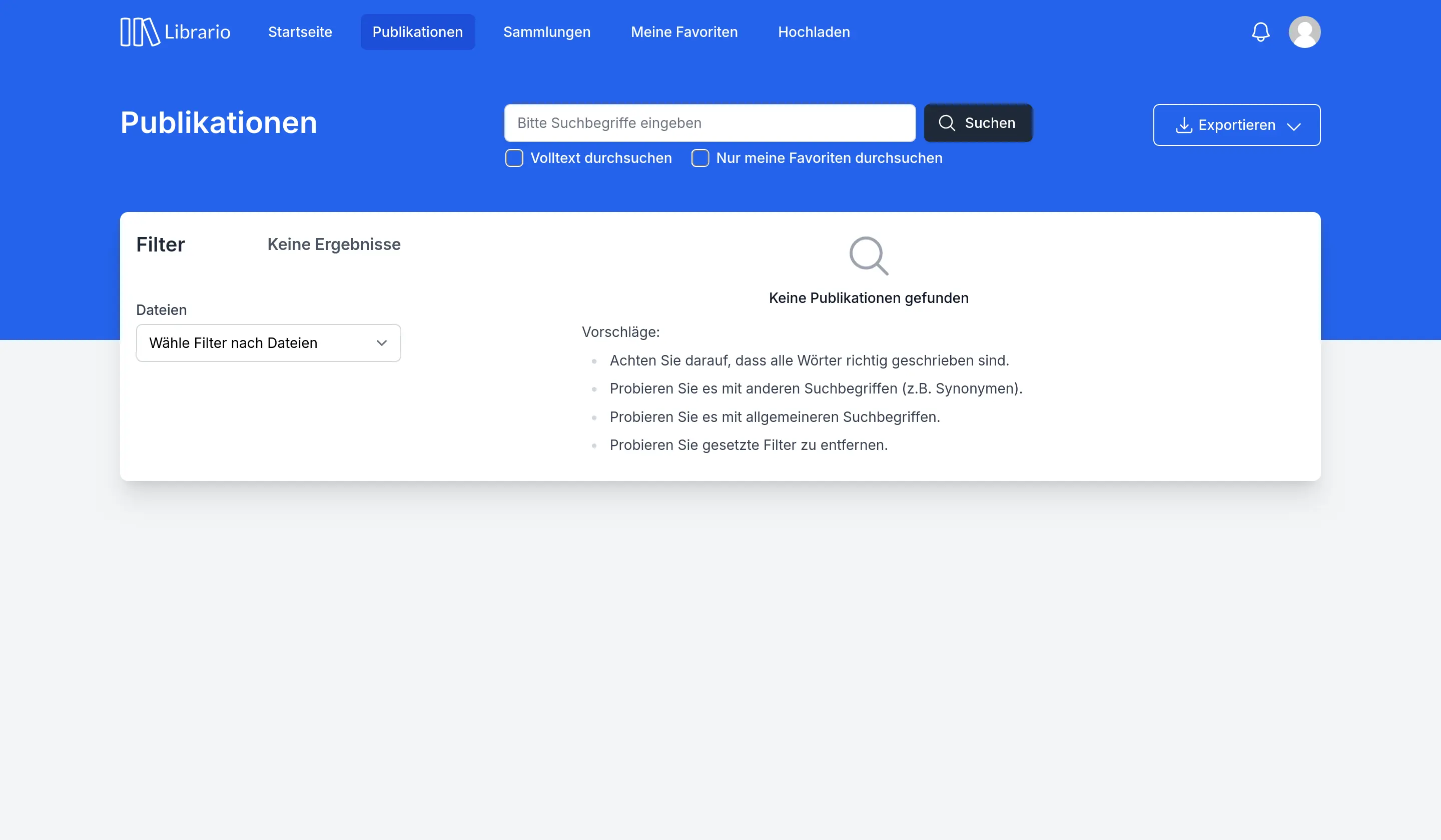Screenshot der Seite "Publikationen" in der Librario-Software. Oben befindet sich ein Suchfeld mit Optionen für Volltextsuche oder die Suche in Favoriten. Darunter wird angezeigt, dass noch keine Publikationen vorhanden sind. Links gibt es eine Filtermöglichkeit, um nach Dateien zu sortieren.