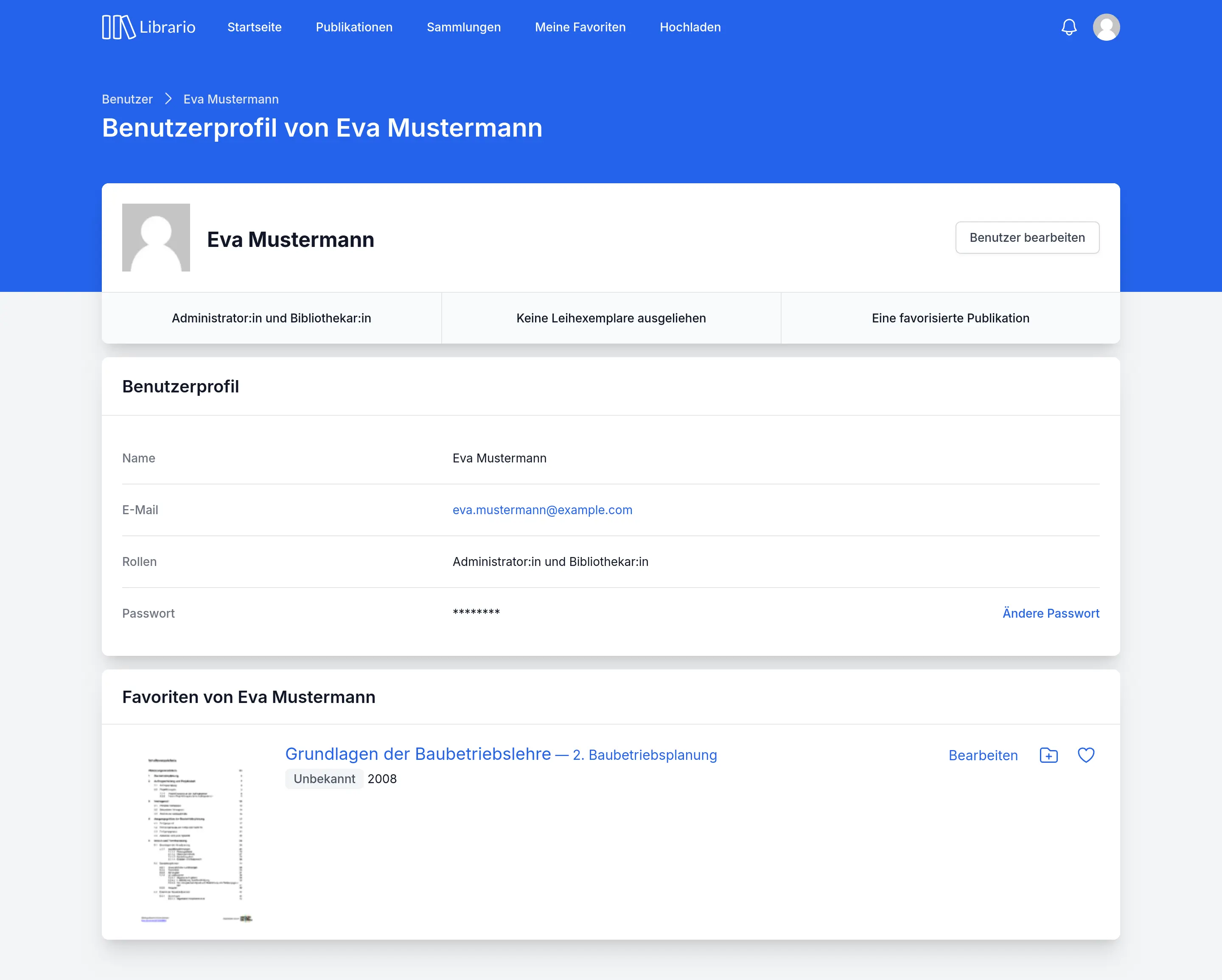 Benutzerprofil mit einer Übersicht der persönlichen Favoriten im unteren Bereich. Die Favoritenliste zeigt alle Publikationen, die diese Person als wichtig markiert hat.