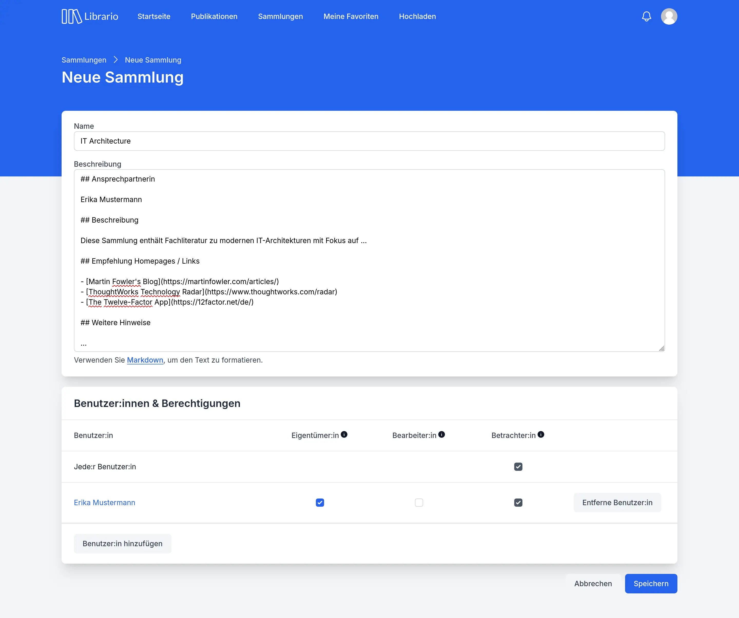 Screenshot des Formulars zum Erstellen einer Sammlung. Das Formular enthält Felder für den Namen und eine Beschreibung mit Markdown-Formatierung. Darunter befindet sich ein Bereich für die Vergabe von Berechtigungen.