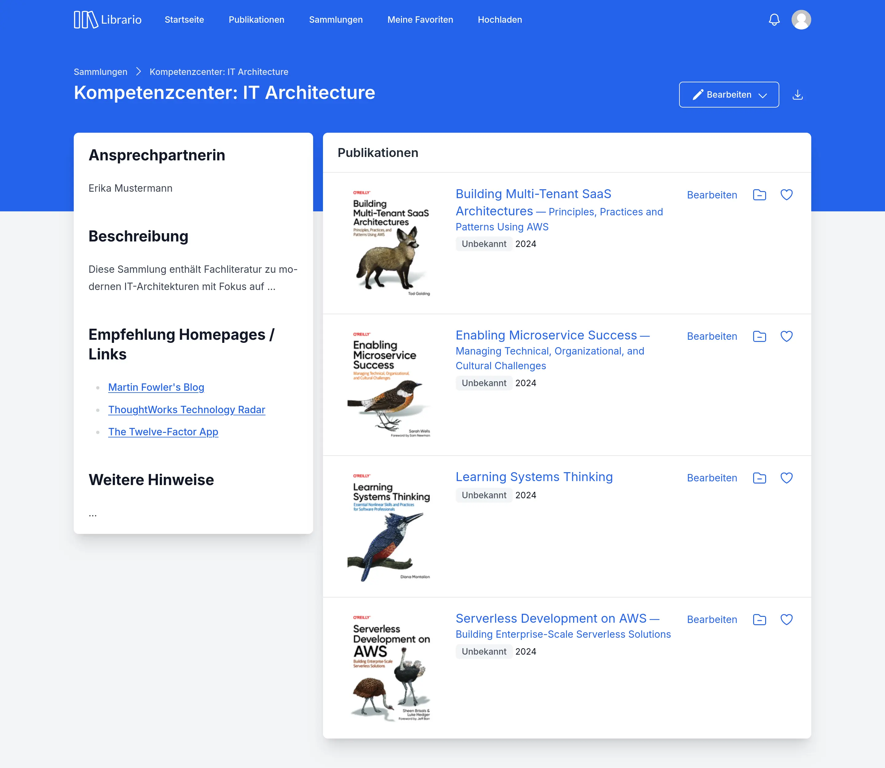 Screenshot einer geöffneten Sammlung mit dem Namen "Kompetenzcenter: IT Architecture". Links sind Beschreibung und hilfreiche Links zu sehen, rechts die Liste der enthaltenen Publikationen mit Covern, Titeln und Metadaten.