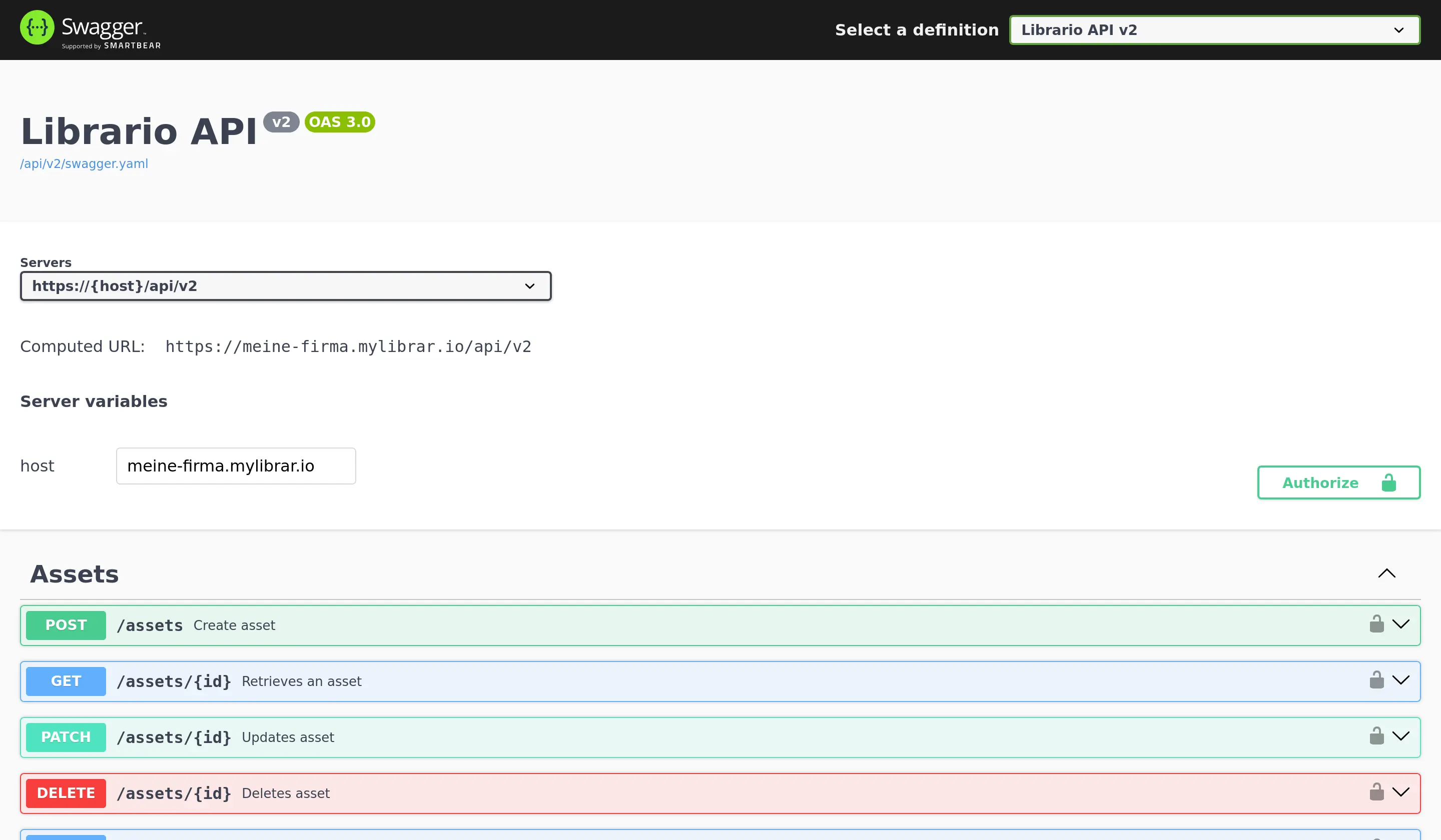 Screenshot der Swagger UI Dokumentation der Librario API. Links sind die verschiedenen API-Endpunkte nach Ressourcen gruppiert zu sehen. Rechts werden die Details des ausgewählten Endpunkts mit Parametern und Beispielantworten angezeigt.