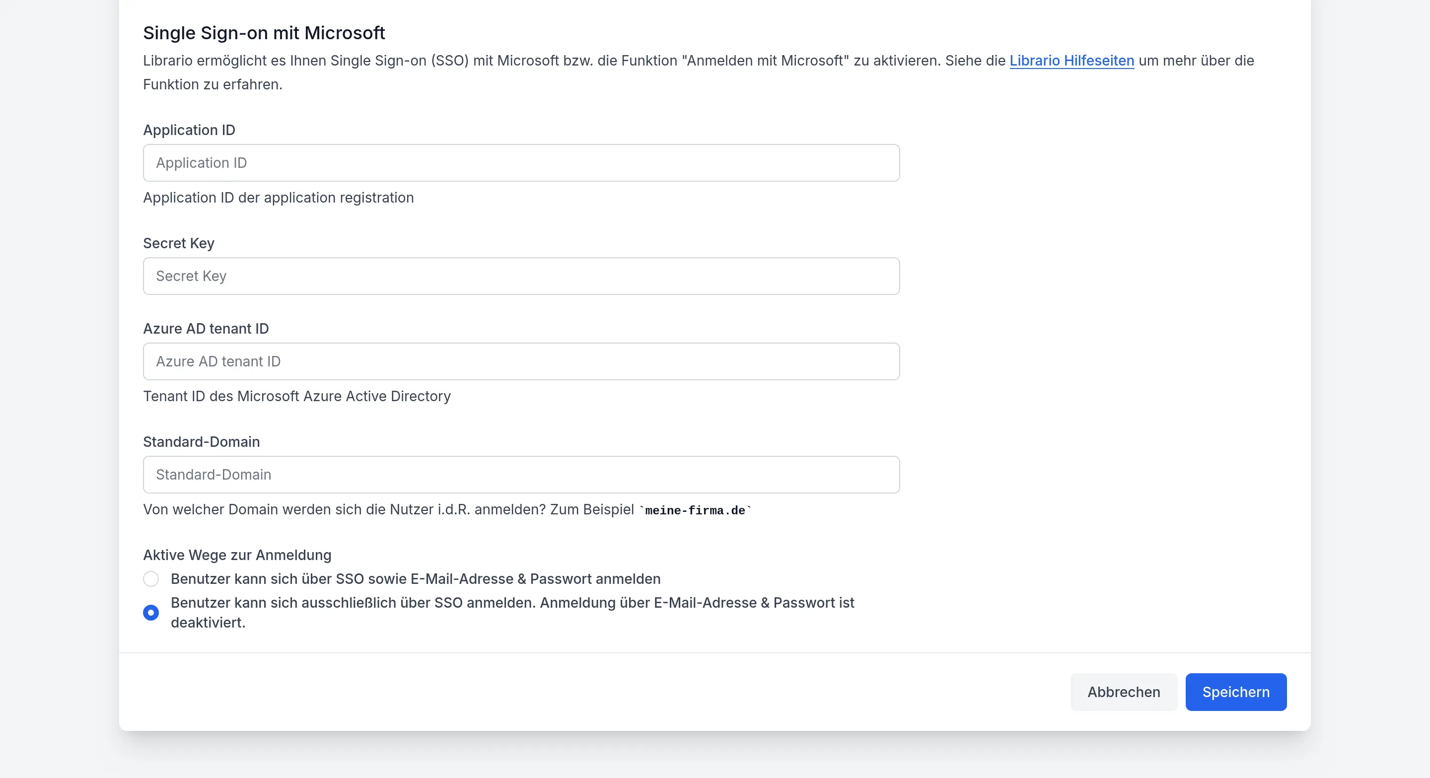 Screenshot der Microsoft SSO-Konfiguration in Librario. Das Formular zeigt Eingabefelder für Application ID, Secret Key, Entra ID tenant ID und Standard-Domain. Unten gibt es Optionen zur Konfiguration der Anmeldemethoden.