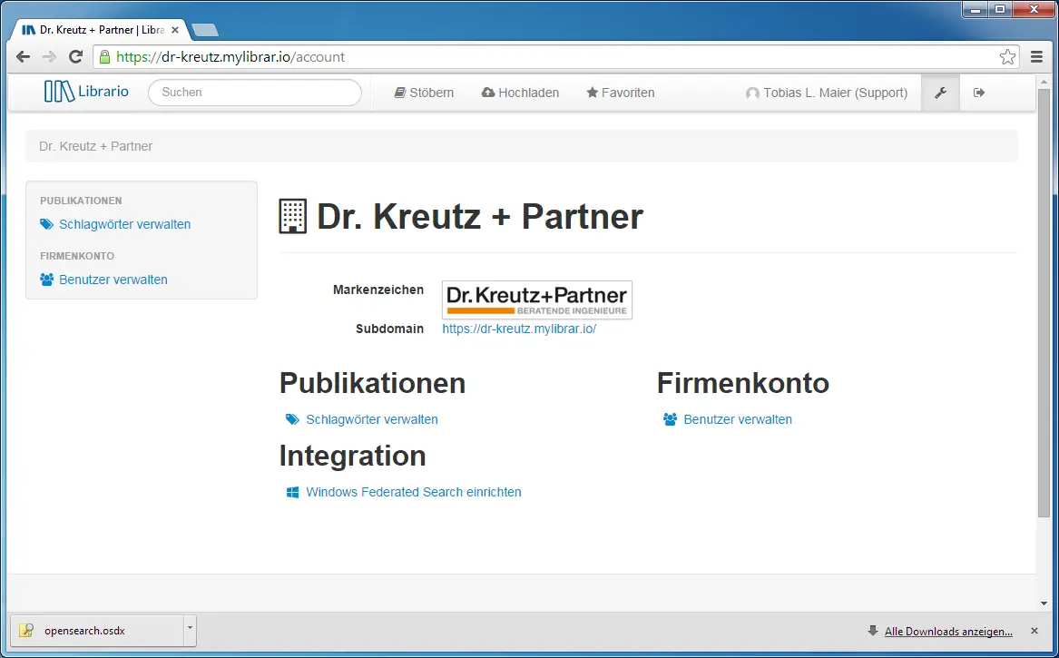 Screenshot der Konto-Einstellungen in Librario. Im Hauptbereich sind drei Abschnitte zu sehen: "Publikationen", "Firmenkonto" und "Integration". Unter Integration befindet sich der Link "Windows Federated Search einrichten".