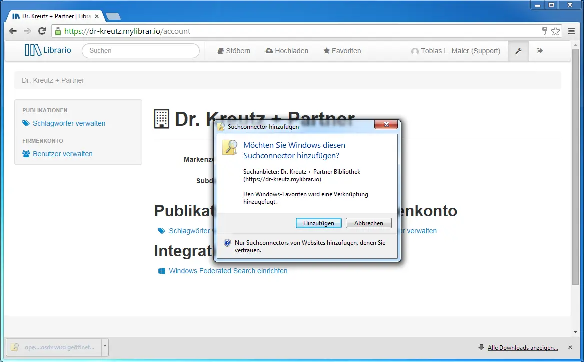 Windows-Sicherheitsdialog mit der Überschrift "Suchconnector hinzufügen". Der Dialog fragt, ob Windows den Suchconnector für die Librario Bibliothek hinzufügen soll, mit den Optionen "Hinzufügen" und "Abbrechen".