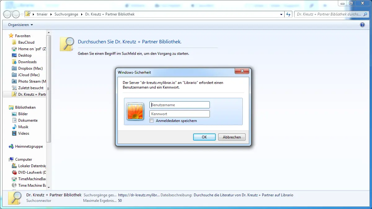Windows-Anmeldedialog mit der Überschrift "Windows-Sicherheit". Der Dialog fordert Benutzername und Kennwort für den Zugriff auf den Librario-Server an, mit einer Option zum Speichern der Anmeldedaten.