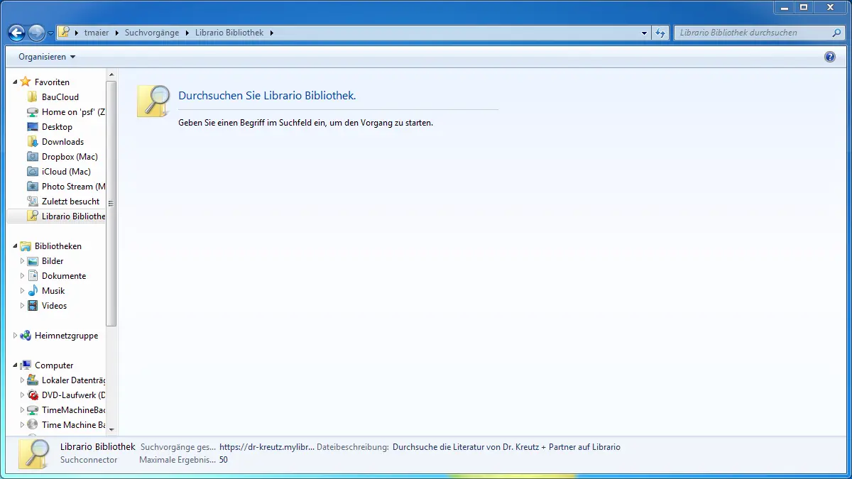 Windows Explorer-Fenster mit der neu eingerichteten Librario-Suche. In der linken Navigationsleiste ist unter "Favoriten" der Librario-Suchconnector zu sehen, im Hauptbereich wird der Text "Durchsuchen Sie Librario Bibliothek" angezeigt.
