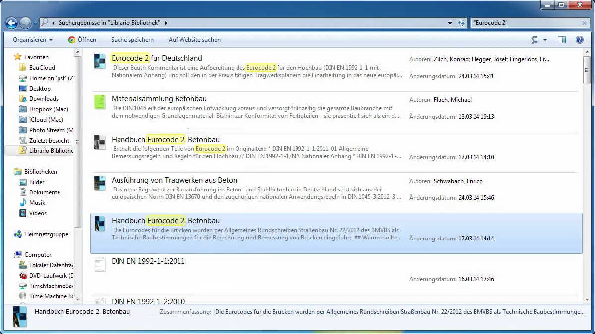 Windows Explorer mit Suchergebnissen für den Begriff "Eurocode 2". Die Ergebnisse werden in einer Liste angezeigt, mit Vorschaubildern, Titeln, Autoren und Änderungsdatum. Die Treffer umfassen verschiedene Publikationen zum Thema Eurocode 2 und Betonbau.