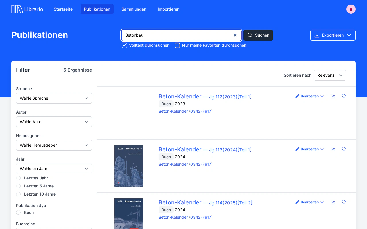 Librario Publikationsliste: klare Tabellenansicht mit Titel, Autor:in und Erscheinungsjahr — keine Feldcodes, keine MARC-Kürzel, direkte Aktionen per Kontextmenü